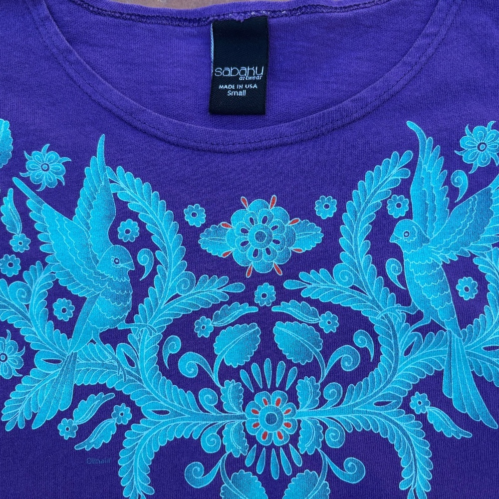 SABAKU Artwear T-Shirt Purple Bird Huipil 3/4 Sleeve Top Size S - Picture 3 of 6